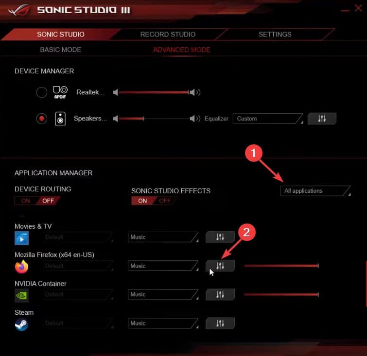 Sonic Studio 3 Advanced settings