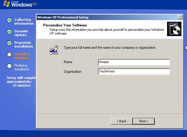 Windows XP emulator settings