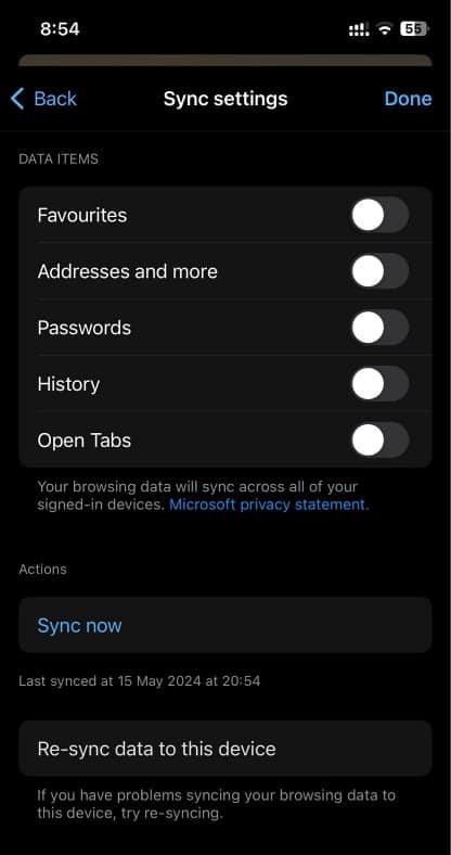 Sync Microsoft Edge on ioS