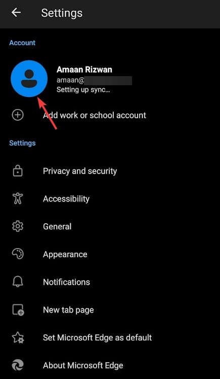 Sync Microsoft Edge on Android device