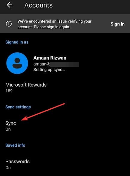 Sync Microsoft Edge on Android device
