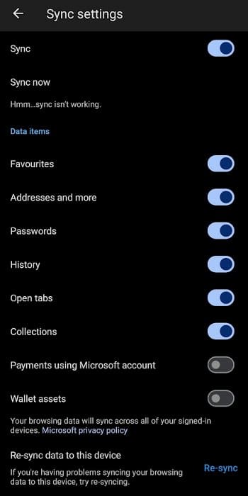 Sync Microsoft Edge on Android