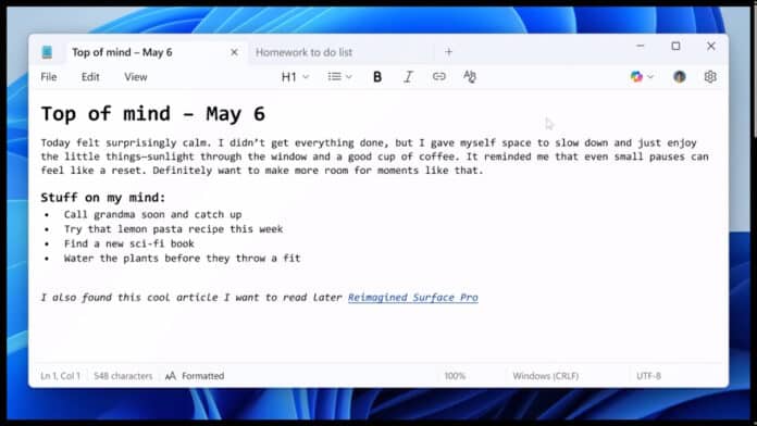 Formatting in Notepad in Windows 11
