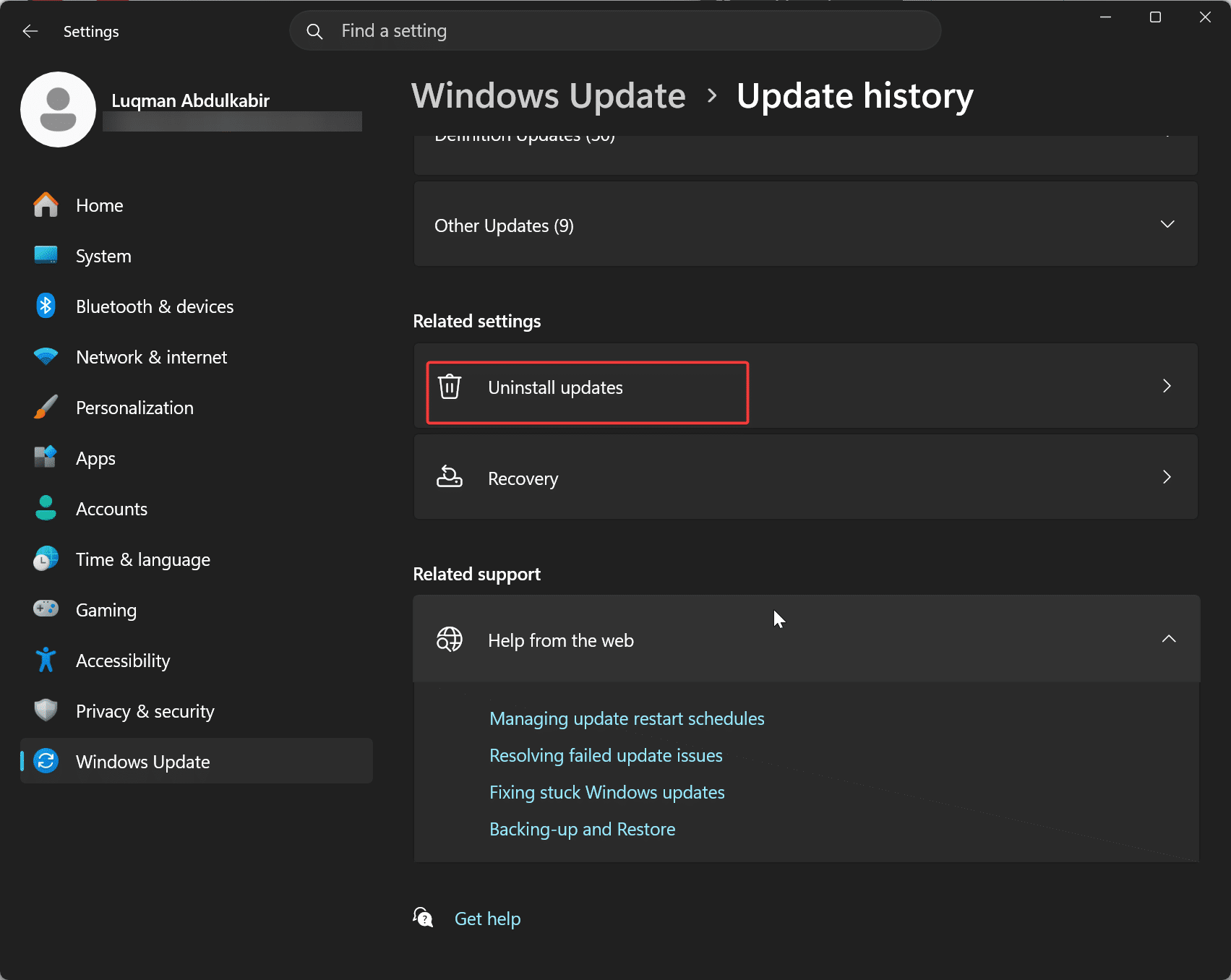 Uninstall Windows Updates Via Settings