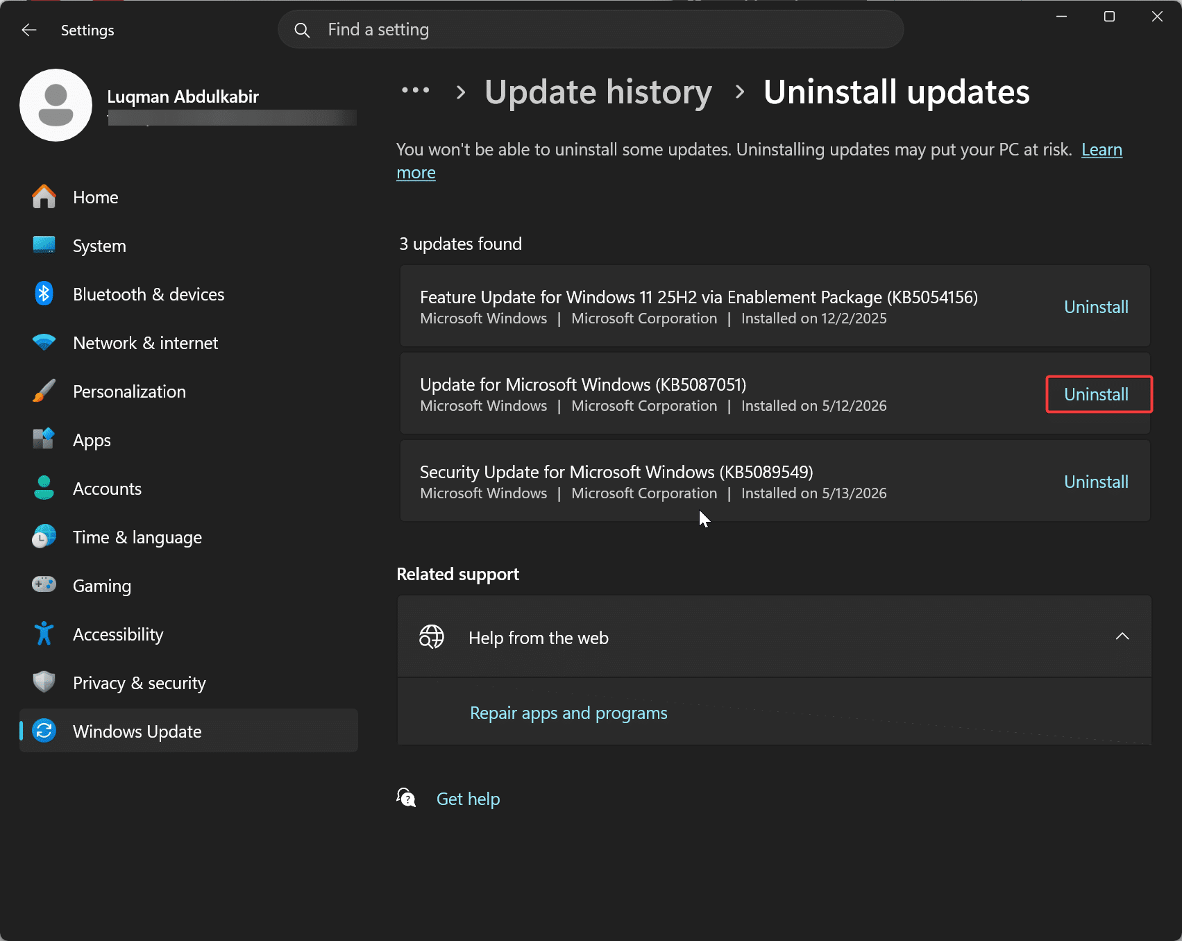 Uninstall Windows Updates Via Settings