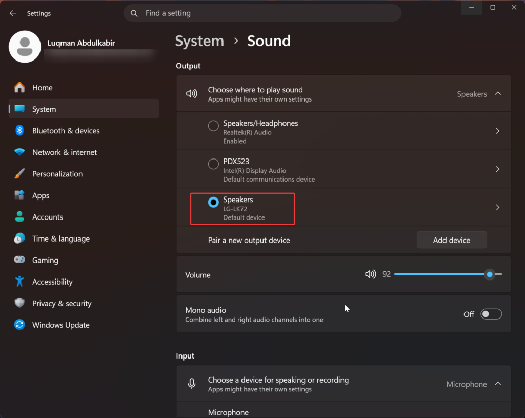 Set the Default Audio Device via Windows Settings