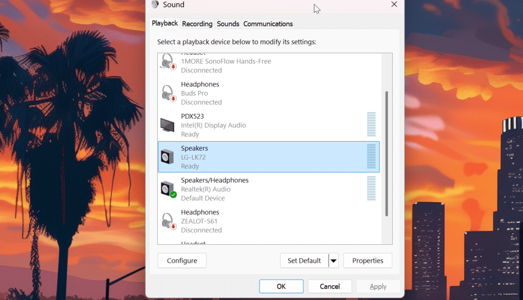 Set the Default Audio Device via the Sound Control Panel