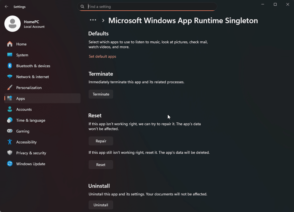 Terminate and Repair the App Runtime Singleton