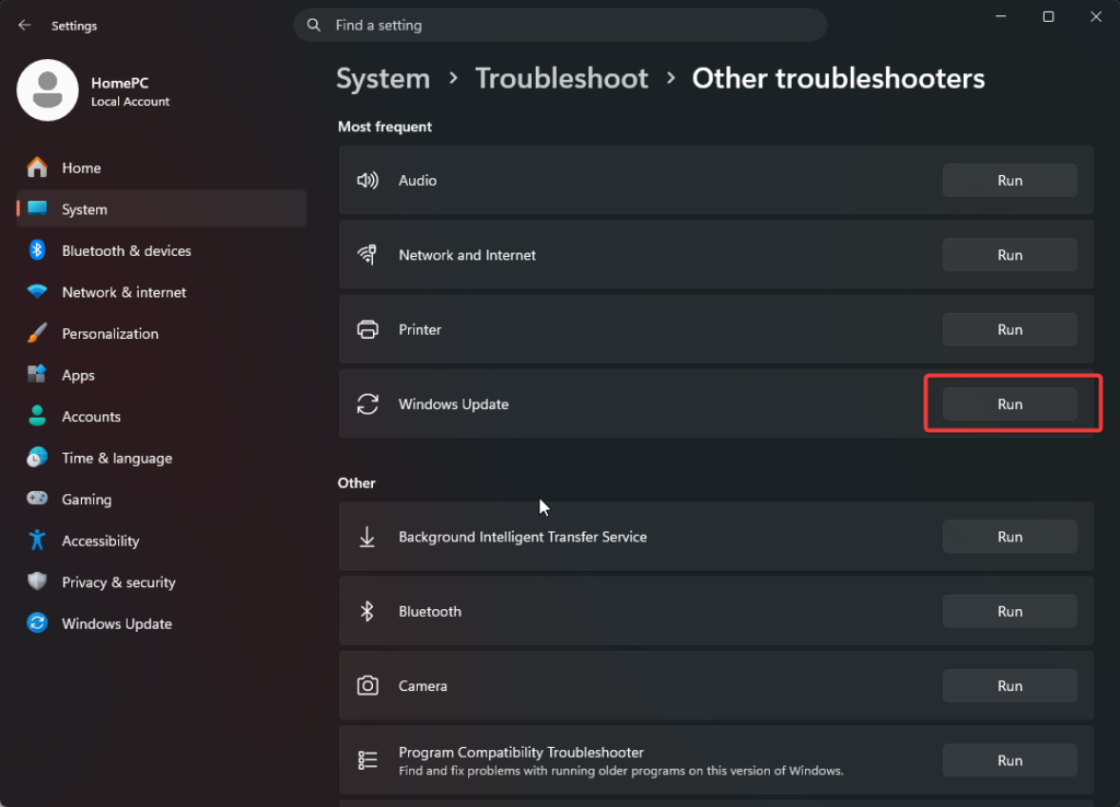 Run the Windows Update Troubleshooter